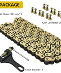 Heavy Duty 428H Drive Chain For Dirt Bikes And ATVs, 132 Link With 6 Master Links, seamless tube, gold outer, blue inner, chain breaker