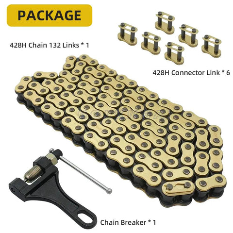 Heavy Duty 428H Drive Chain For Dirt Bikes And ATVs, 132 Link With 6 Master Links, seamless tube, gold outer, blue inner, chain breaker