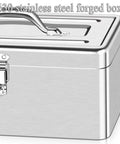 Hella Durable Waterproof Stainless Steel Tool Box With Dead Simple Dual Latches And Detachable Storage Tray For Straight Up Effortless Organization Inside Your Garage Or House Workshop Gear, side view showing stainless steel material and latches.