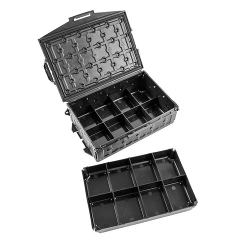 TracPak Tray Inserts 4x2 Half Depth, 2 Pack With Eight 2x2 Compartments Per Tray, Modular Stackable Storage Trays visible in black color.