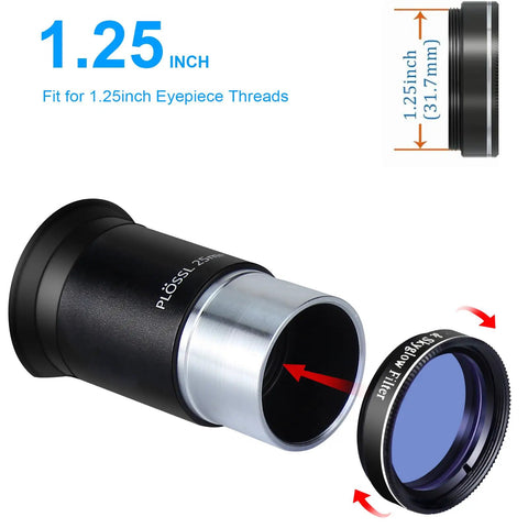 Moon And Sky Glow 1.25 Inch Telescope Filter for clearer moon and planet views, shown with eyepiece and filter size display