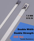 Heavy Duty 304 Stainless Steel Cable Ties 50 Pack 8 Inch Metal Zip Ties for Exhaust Auto Repair Fencing, showing double width and 450 lbs tensile strength.