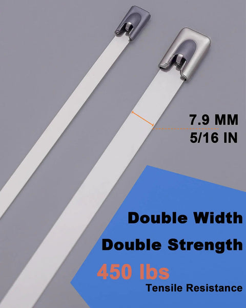 Heavy Duty 304 Stainless Steel Cable Ties 50 Pack 8 Inch Metal Zip Ties for Exhaust Auto Repair Fencing, showing double width and 450 lbs tensile strength.