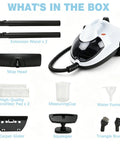 Get Rid Of Grime Fast With This Heavy Duty 1800W Steam Mop And Multipurpose Cleaner, includes extension wands, mop head, and accessories.