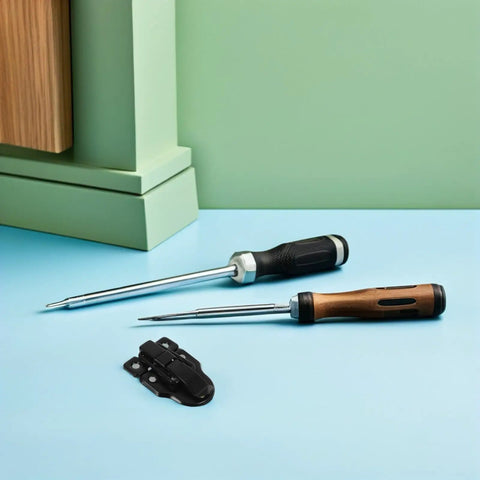 Vintage Iron Draw Latch Lock Set 4 Pcs Black Retro Cabinet Door Hardware with screwdrivers for installation on blue surface.