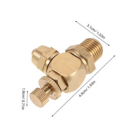 Adjustable NPT Pneumatic Valve With Brass Flow Control for Auto Doors and Vehicle Air Systems, One Quarter Inch Male Thread to 8mm Push In Tube Fitting, Easy Install, Pro Grade Air Regulator for Automotive Pumps, brass valve angled view