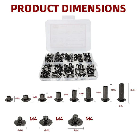 Badass Grip Chicago Screws And Round Flat Head Leather Rivets Assortment Pack with dimensions of various rivet sizes from 3mm to 18mm.