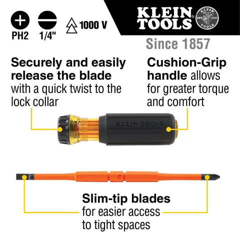 Insulated Flip Blade Screwdriver Set Two In One With Phillips Size Two And Slotted One Quarter Inch Tips, handle and blades shown