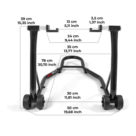 Heavy Duty Motorcycle Stand Lift 850lbs Front And Rear Combo with Front Wheel Dymond Shape and Rear Wheel U Fork design, black.