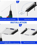 Installation steps for Six Pack Overhead Storage Rack For Garage Ceilings, showing drilling, rail mounting, and bin placement.