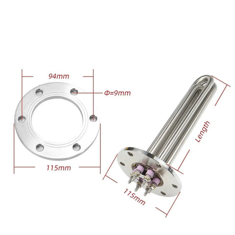 Rock Solid 380V Electric Water Heater Immersion Heating Element With Round Flange And 115MM Opening detailed view with measurements