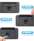 Slick 2 Pack 12V USB Outlet With Voltmeter And Four Fast Charging Ports PD 36W QC 18W Surface Mount Charger Socket showing open lid and charging ports.