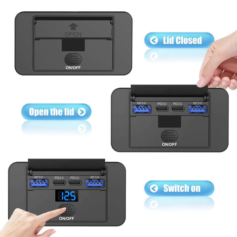 Slick 2 Pack 12V USB Outlet With Voltmeter And Four Fast Charging Ports PD 36W QC 18W Surface Mount Charger Socket showing open lid and charging ports.