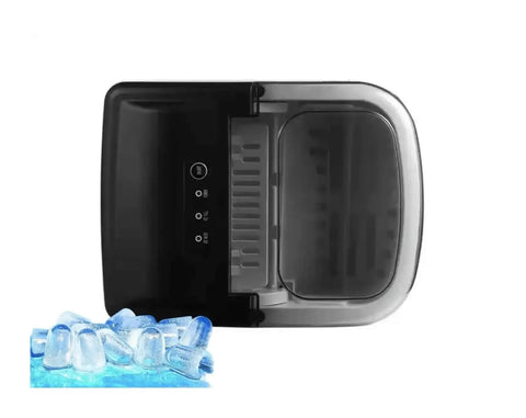 Hassle Free Countertop Ice Maker With Small And Large Cube Options For Campouts Tailgates And Home Bars viewed from above with ice cubes in front.