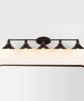 Oil Rubbed Bronze 5 Light Industrial Farmhouse Vanity Light Wall Sconce with Metal Shade above bathroom mirror