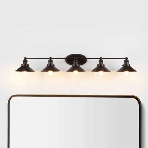 Oil Rubbed Bronze 5 Light Industrial Farmhouse Vanity Light Wall Sconce with Metal Shade above bathroom mirror