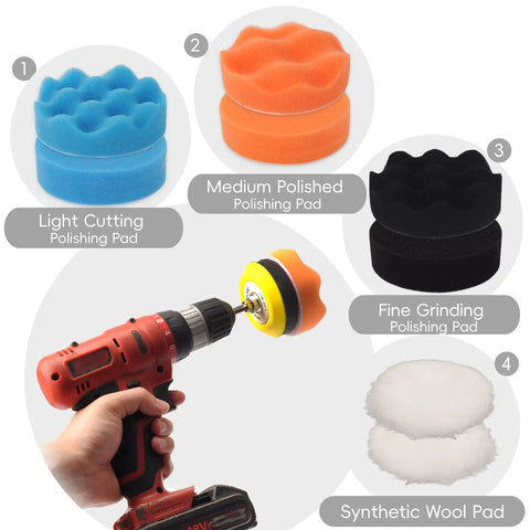 145 Piece 3 Inch Sanding and Polishing Kit with assorted foam pads and drill attachment for headlight restoration.