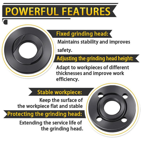Two black metal angle grinder flange components from a 7-piece nut and flange wrench set; circular flanges with central holes