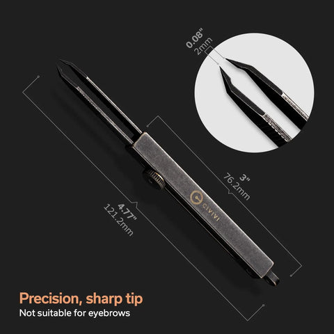Ultra Precision Splinter Tweezers With Retractable Keychain For EDC Carry, showing sharp tip and measurements, side view