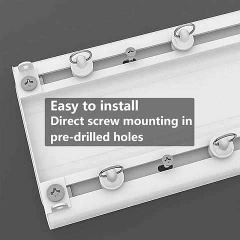 Heavy Duty Double Curtain Track System Made From Ultra Thin Aluminum Alloy, Ceiling Mount Curtain Rail In White, 1.5m Length, Double Layer Track For Smooth Gliding Curtains In Living Room Or Bedroom. Close-up of double curtain rail with pre-drilled holes.