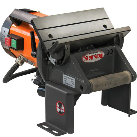 Portable Electric Chamfering Machine For Precision Straight Edge Milling Featuring Tough Tungsten Cutters And Hassle Free Smooth Operator Design For Heavy Duty Shop Work. Side view of orange and grey device.