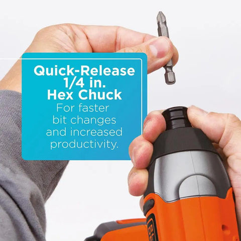 Quick-release 1/4 in. hex chuck feature of the Cordless Drill And Impact Driver Combo Kit With 20V Max Battery And Charger.