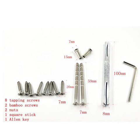 Installation kit for Beefy 304 Stainless Steel Door Handle Lock Set with screws, nuts, Allen key, and hardware dimensions.