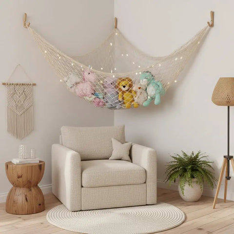 Ocean Party Net Decorations 2 Pack 39.37 by 78.74 Inch Fishing Net Backdrop Wall Hanging and Table Runner Nautical Rope Netting holding plush toys in room