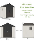 Diagram of 8x6 Ft Plastic Outdoor Storage Shed With Floor Lockable Door and Window Beige Resin Backyard Shed dimensions and specs.