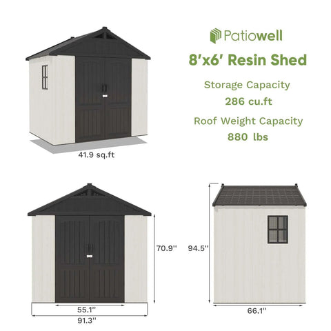 Diagram of 8x6 Ft Plastic Outdoor Storage Shed With Floor Lockable Door and Window Beige Resin Backyard Shed dimensions and specs.