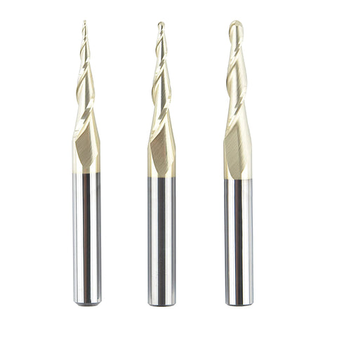 SpeTool 3Pcs carbide ball-nose router bits with silver shanks, sizes 1/16 1/32 1/64, front view