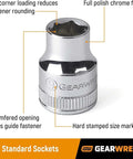 Close-up of a polished 3/8 inch drive SAE standard socket from 30 Piece 3/8 Inch Drive 6 Point Socket Set SAE Standard And Deep Sockets With Chrome Finish, Large Size Markings.