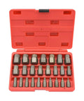 Heavy Duty Multispline Screw And Bolt Extractor Set For Stripped Fasteners, 25 Piece Pro Grade CrMo Kit displayed in red case