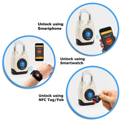 Diagram showing 4th Gen Outdoor Heavy Duty Beefed Up Smart Padlock Weatherproof Rugged Design For Commercial Use With Bluetooth And NFC Connectivity Ideal For Gates Storage Rooms Warehouses And Lockers Durable Metal Housing 2 Pack unlocked by smartphone, smartwatch, NFC tag.
