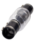 1-1/2 inch sump pump check valve with clear plastic body, black end caps, and stainless hose clamps