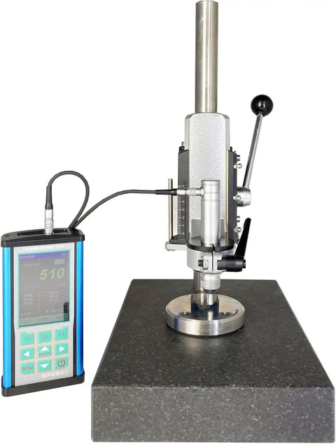 TopShelf Portable Ultrasonic Hardness Tester Paired With NoFuss Test Stand for stone surface testing and data logging.