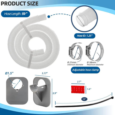 No Brainer 1.25 Inch 59 Inch Pool Hose Kit for above ground pools with clamps, hangers, ties, and adhesive tapes.