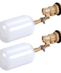 Solid Two Pack Of 3/4 Inch Brass Float Valve With Auto Fill Mechanism For Pool And Pond Water Level Control Featuring Heavy Duty Adjustable Arm And Badass Durability That Goes Hard Without Rusting, showcasing valves with white floats.