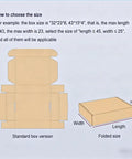 Instructions for choosing box size with diagrams of standard box and folded size for Hassle Free Shipping Box Folder That Creases Cardboard Flaps Rapidly Adjustable Manual Pressing Tool For Standard Cartons Fast Warehouse Packing Gear And Retail Prep Game Changer.