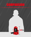 Heavy Duty 20 Ton Hydraulic Bottle Jack With 40,000 Lbs Lifting Capacity Adjustable Screw Top Extension For Auto And Truck Repair And Home Lifts Red Durable Tool next to silhouette for size comparison.