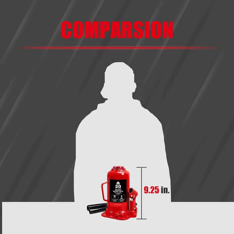 Heavy Duty 20 Ton Hydraulic Bottle Jack With 40,000 Lbs Lifting Capacity Adjustable Screw Top Extension For Auto And Truck Repair And Home Lifts Red Durable Tool next to silhouette for size comparison.