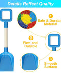 Close-up of blue shovel from 16 Inch Kids Beach Shovel Set 3 Pack With Solid Wood Handles ABS Plastic Digging Spades Rakes And Scoops.