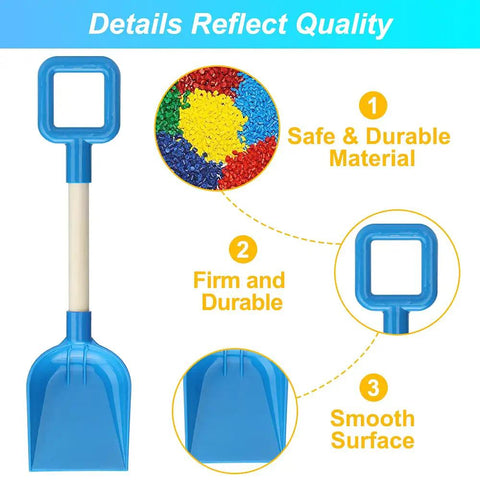 Close-up of blue shovel from 16 Inch Kids Beach Shovel Set 3 Pack With Solid Wood Handles ABS Plastic Digging Spades Rakes And Scoops.