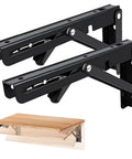 Slick Two Pack 16 Inch Black Folding Shelf Brackets, heavy-duty, wall-mounted, ideal for space-saving use with included hardware.