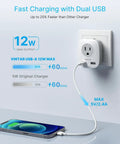 European Travel Plug Adapter 4-In-1 Power Hub With 2 USB Ports And 2 American Outlets shown in use with smartphone charging
