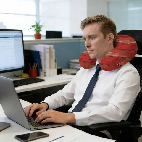 U Shape Memory Foam Travel Pillow With Red Wood Grain Finish For Airplane Rides Car Trips Office Or Home Ergonomic Neck Support Portable Comfy Rest For A Restful Sleep Anywhere in use by man at desk