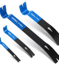 Four-Piece Flat Pry Bar Set With 5.5 Inch Mini Bar, 7.5 Inch Nail Puller, 10 Inch Crowbar, And 15 Inch Heavy-Duty Utility Bar