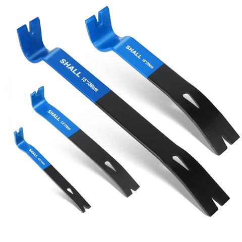 Four-Piece Flat Pry Bar Set With 5.5 Inch Mini Bar, 7.5 Inch Nail Puller, 10 Inch Crowbar, And 15 Inch Heavy-Duty Utility Bar