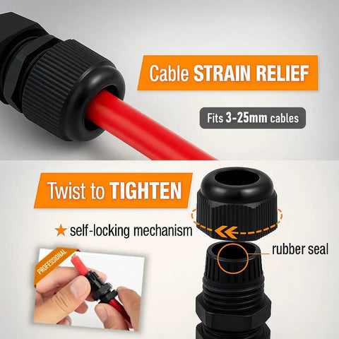 Assorted Nylon Cable Gland Kit With NPT Strain Relief demonstrating tightening and strain relief for 3-25mm cables