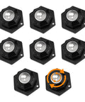 8 Pack Ball Bearing Rollers With 360 Degree Rotation Universal Ball Casters Self Adhesive Mini Caster Wheels Supports Up To 330 Pounds For Trash Cans Storage Boxes Small Furniture Black, shown in a set of eight black units with reflective spheres.